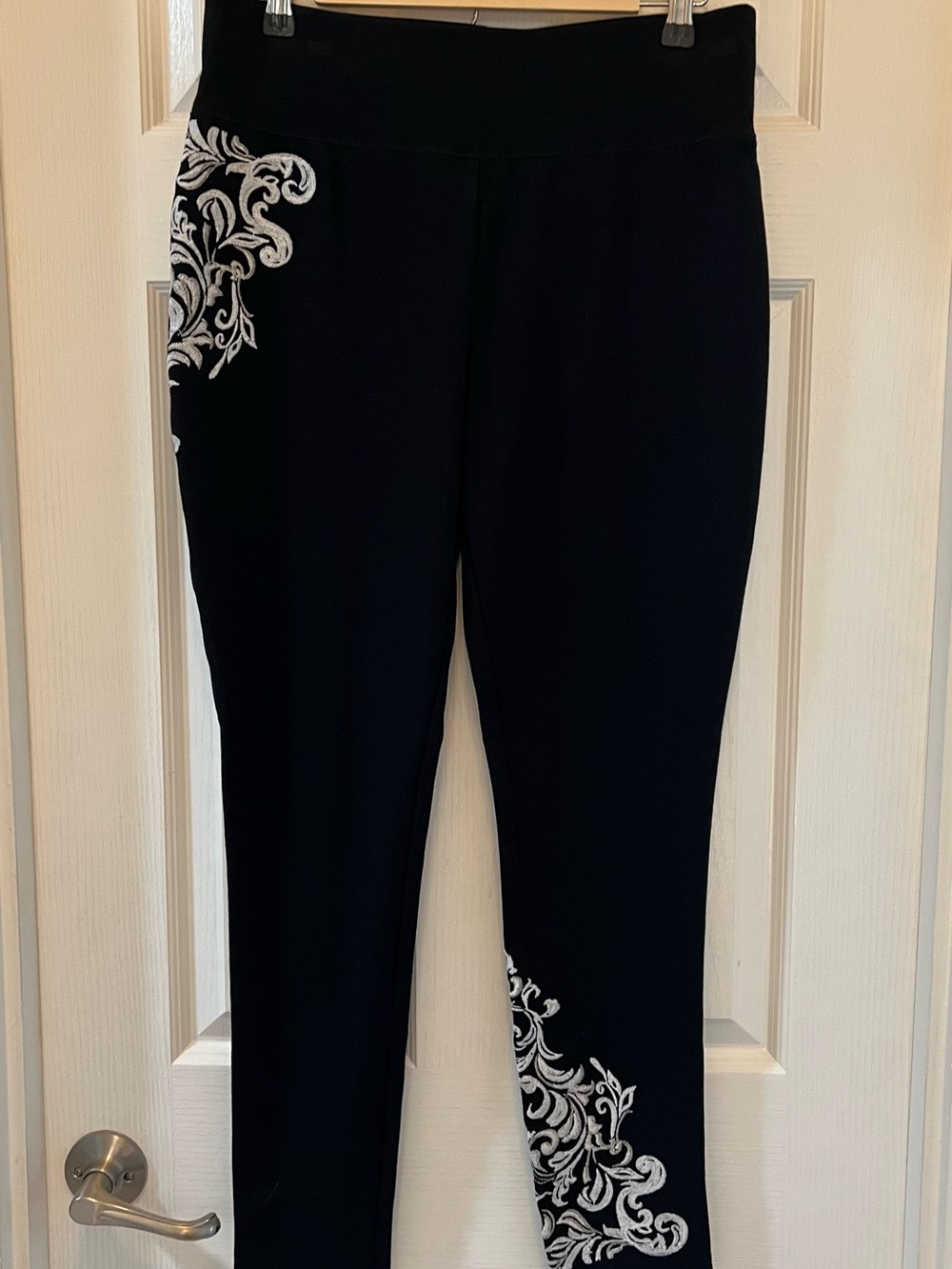 INC International Concepts Black Leggings with White Scroll Embroidery